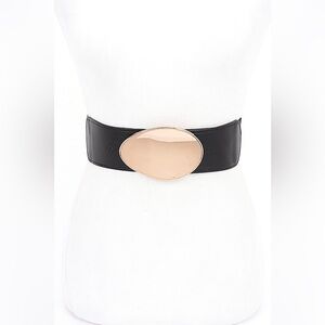 Black Vegan Leather & Shiny Gold Wide Elastic Statement Belt